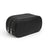 Black leather toiletry bag with zippers on a white background