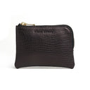 Black leather aligator pattern coin pouch with gold zipper on a white background