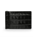 Glossy Black crocodile-patterned leather money clip wallet on a white background
