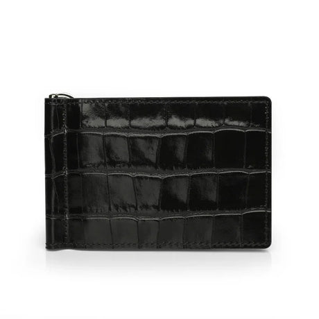 Glossy Black crocodile-patterned leather money clip wallet on a white background