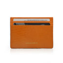 Orange cardholder with 'Hiram Beron' branding on a white background