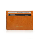 Orange cardholder with 'Hiram Beron' branding on a white background