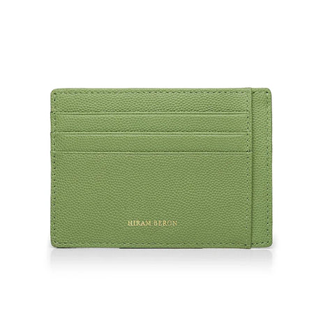 Green cardholder with 'Hiram Beran' branding on a white background