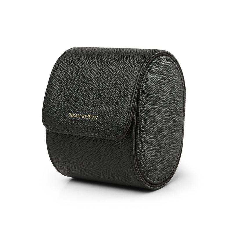 Black leather watch roll with 'HIRAM BERON' branding on a white background