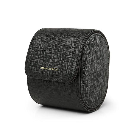 Black leather watch roll with 'HIRAM BERON' branding on a white background