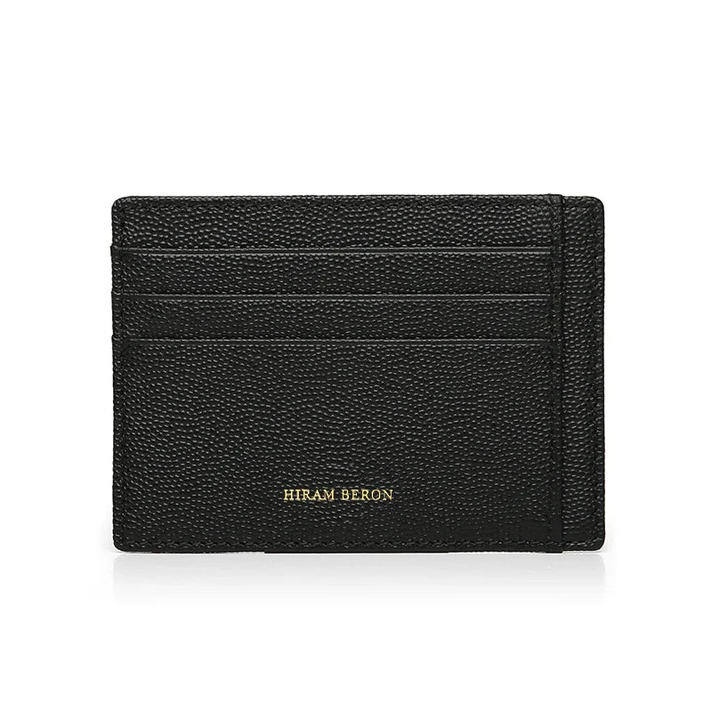 Black caviar pattern leather cardholder with 'Hiram Beron' branding on a white background