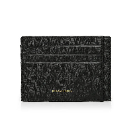 Black caviar pattern leather cardholder with 'Hiram Beron' branding on a white background