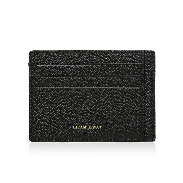 Black caviar pattern leather cardholder with 'Hiram Beron' branding on a white background