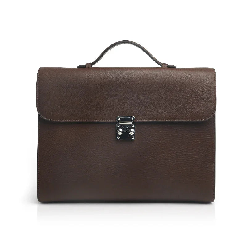 Dark Brown leather tablet briefcases with a silver clasp on a white background
