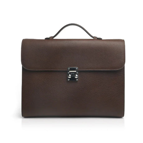 Dark Brown leather tablet briefcases with a silver clasp on a white background