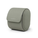 Light grey pebble leather watch storage case with 'Hiram Beron' branding on a white background
