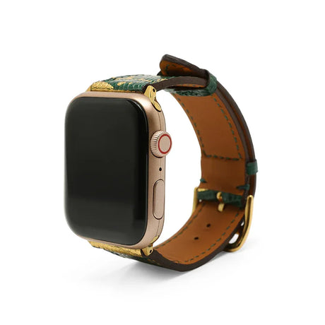 Smartwatch with a lizard skin leather strap on a white background