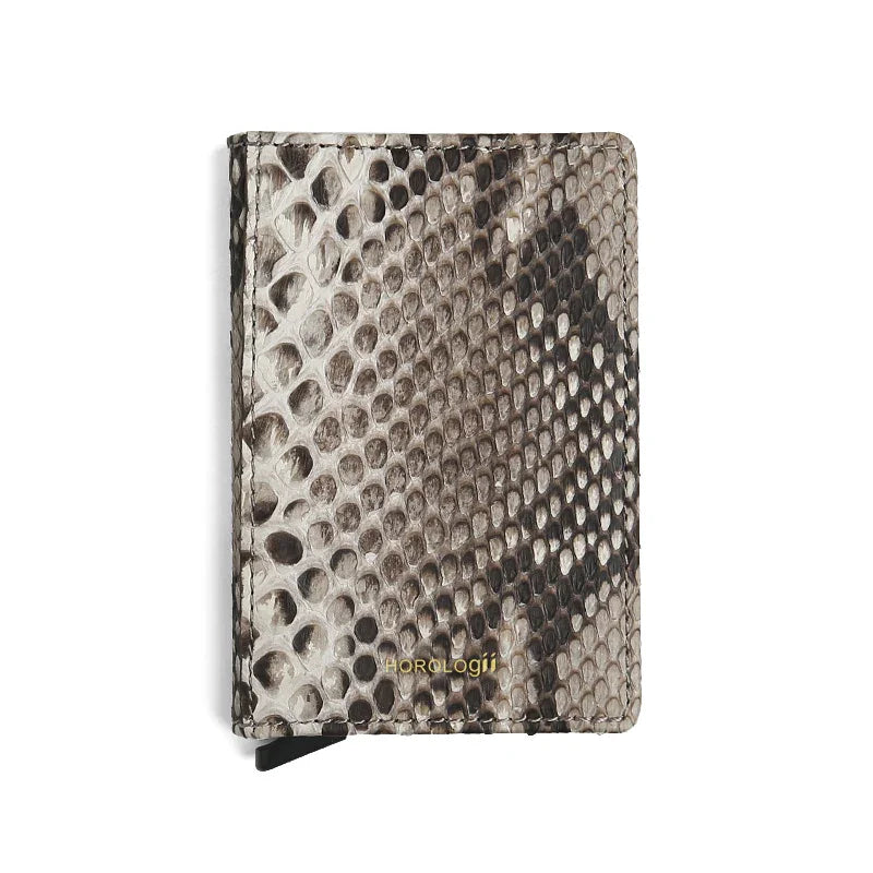 Python skin pop up card holder with brand name on a white background