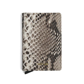 Python skin pop up card holder with brand name on a white background