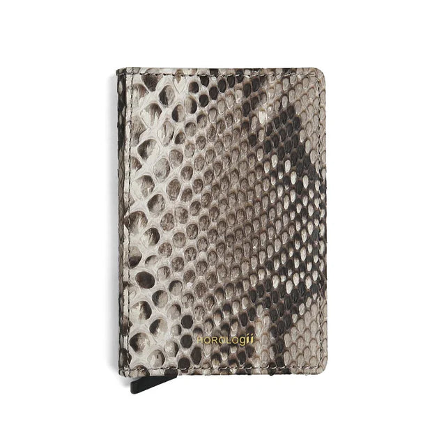 Python skin pop up card holder with brand name on a white background