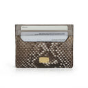Snake skin card holder with gold accent on a white background