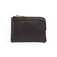 Black leather coin pouch with gold zipper on a white background