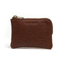 Brown aligator pattern leather coin pouch with a gold zipper on a white background