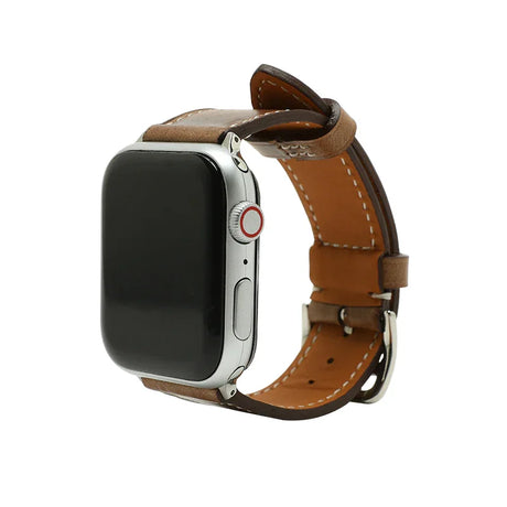 Smartwatch with a brown leather strap on a white background