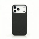 black pebble leather iphone 17 pro case with "HIRAM BERON" brand name on it