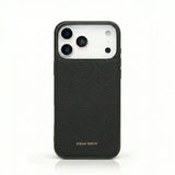 black pebble leather iphone 17 pro case with "HIRAM BERON" brand name on it