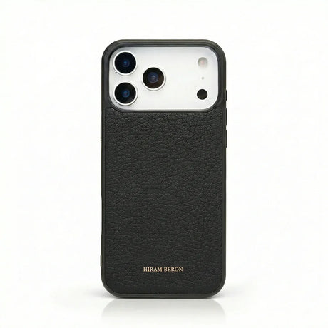 black pebble leather iphone 17 pro case with "HIRAM BERON" brand name on it