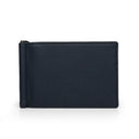 Navy blue leather card wallet with money clip on a white background