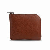 Brown full grain leather coin wallet with a zipper on a white background