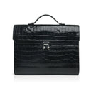 Black crocodile-patterned leather business folios with handle on a white background