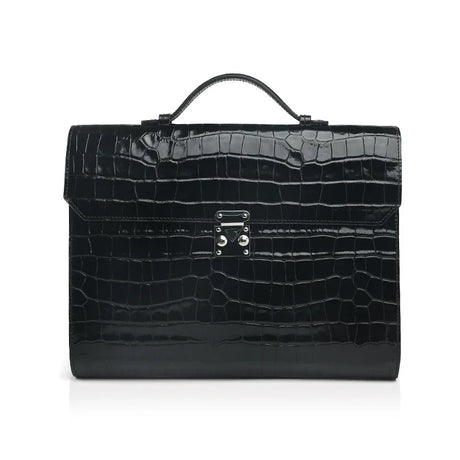 Black crocodile-patterned leather business folios with handle on a white background