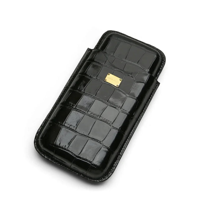 Luxury black crocodile leather phone case with gold plaque, premium handmade design for elite style