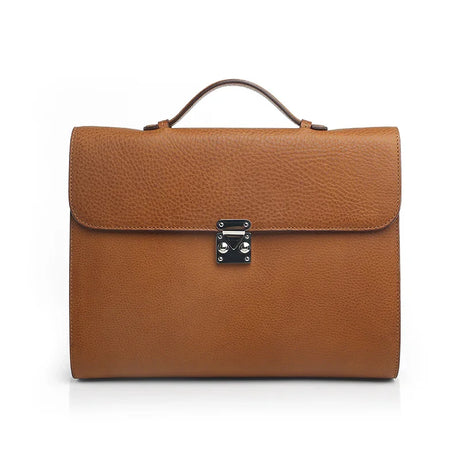 Brown Leather Tablet Briefcase with a lock on a white background