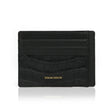 Front view of black embossed crocodile pattern leather card holder with 4 card slots