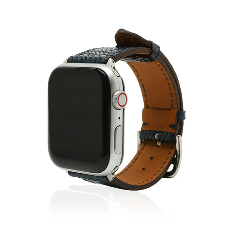 Smartwatch with a navy blue leather strap on a white background