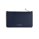 Navy blue zipper card wallet with 'Hiram Beron' branding on a white background