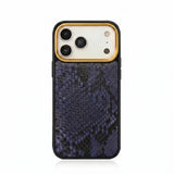 iPhone case with python skin and gold accent on a white background