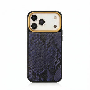iPhone case with python skin and gold accent on a white background