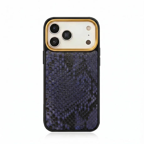 iPhone case with python skin and gold accent on a white background