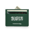 Green leather cardholder with Saudi Arabia flag design on a white background