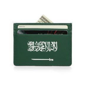 Green leather cardholder with Saudi Arabia flag design on a white background