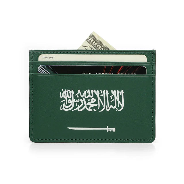 Green leather cardholder with Saudi Arabia flag design on a white background