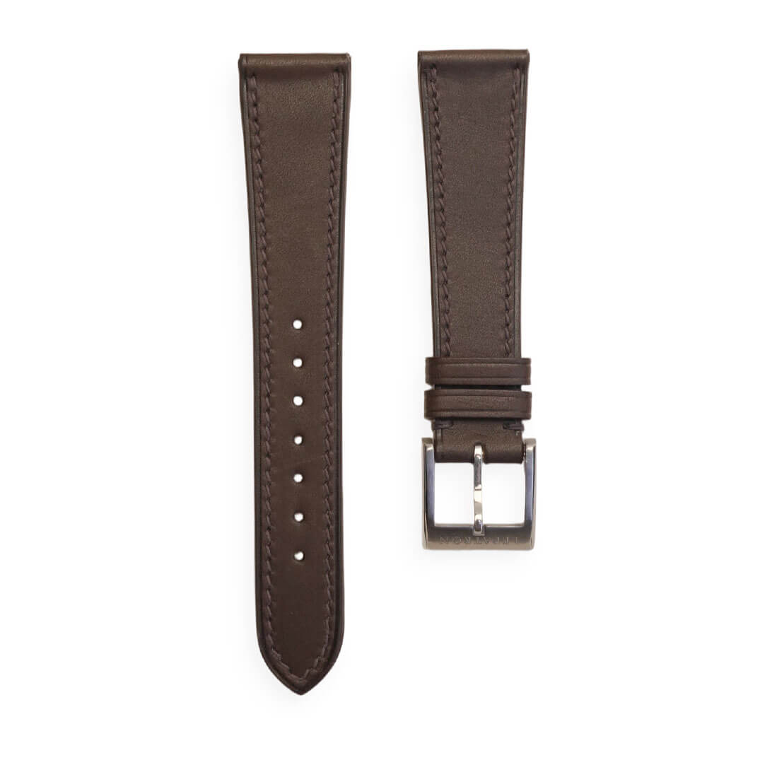 Wholesale French Haas Barenia calfskin watch strap in dark brown with Haas Zermatt lining and perimeter stitching 