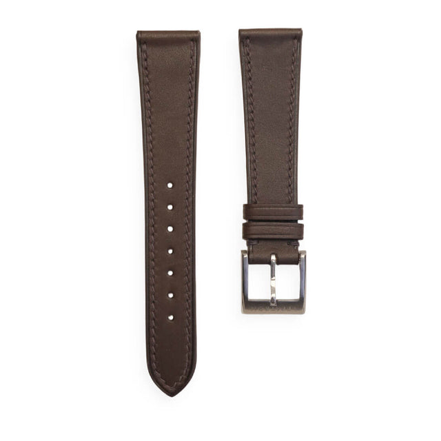 Wholesale French Haas Barenia calfskin watch strap in dark brown with Haas Zermatt lining and perimeter stitching 