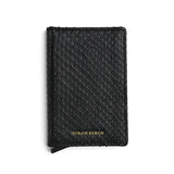 Black python skin pop up card holder with 'Hiram Beron' branding on a white background