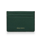 Green pebble leather cardholder with foil stamping 'Hiram Beron' branding on a white background