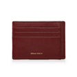 Burgundy leather cardholder with 'Hiram Beron' branding on a white background