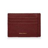 Burgundy leather cardholder with 'Hiram Beron' branding on a white background