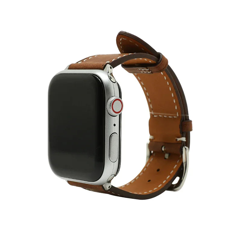 Smartwatch with a brown leather strap on a white background