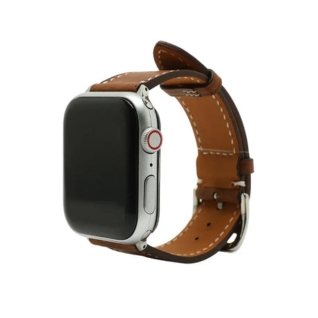 Smartwatch with a brown leather strap on a white background