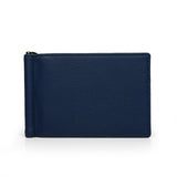 Navy blue leather card wallet with money clip on a white background